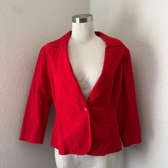 St. John Cotton Blend Red Jacket Notch Collar Swiss Dots Long Sleeve 8